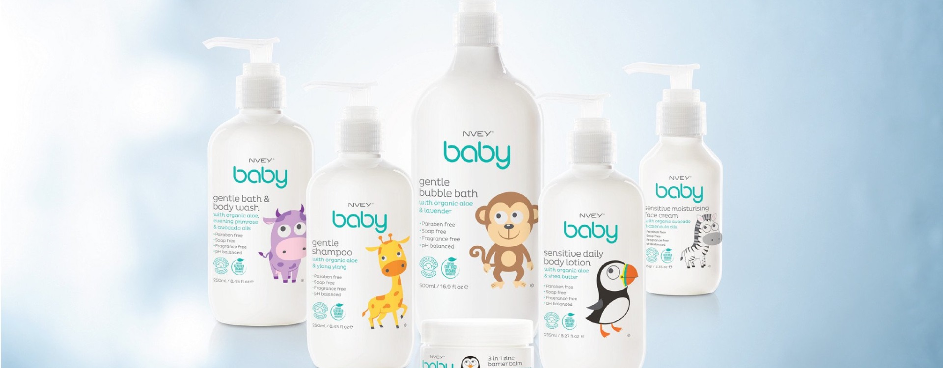 NVEY BABY的嬰兒沐浴乳屬於溫和護理配方產品系列，含有經過認證的有機成分，以及溫和、滋養的天然成分，以照顧和保護您的孩子。